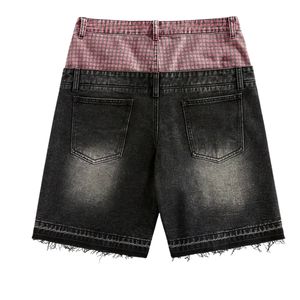 Custom Mens Double Layer Plaid <b>Waist</b> Denim Shorts Rhinestones Cross Graphics Goth Y2K Streetwear Washed Baggy <b>Jeans</b> Jorts Shorts - Product Image 2