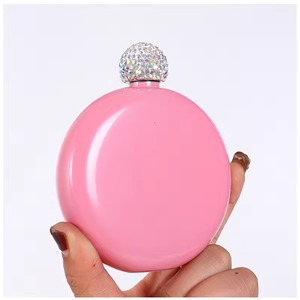 Trendy <b>Pink</b> Round Metal Hip Flask With Decorative Crystal Cap Portable Liquor Bottle For Women Party Travel Use And Gift Purpose - Product Image 1