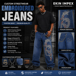 Custom <b>Embroidered</b> Dragon Baggy <b>Jeans</b> Men Wide Leg Streetwear Denim Pants Y2K Hip Hop <b>Jeans</b> - Product Image 5