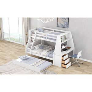 Letto a castello bianco con letto singolo sopra e letto matrimoniale, scrivania integrata, tre cassetti portaoggetti e mensola per bambini - Product Image 4
