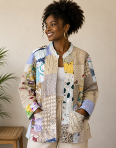Reversible Kantha Quilted Kimono Jacket Handstitched Patchwork Wool <b>Coat</b> Vintage Puff Sleeve Womens Winter Style Christmas Gift - Product Image 1