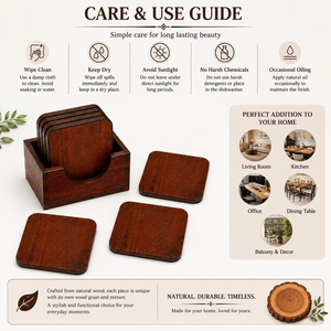 Square <b>Wooden</b> Coaster <b>Set</b> of 6 | Brown Wood Drink Coasters | <b>Tea</b> Cup, Coffee Mug & Glass Coasters | Dining Table - Product Image 5