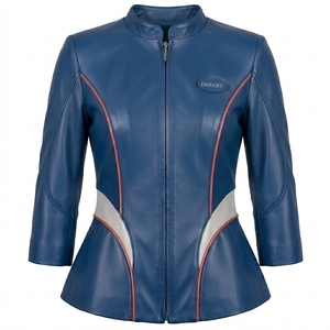 Chaqueta de Cuero Azul para Mujer, Manga Tres Cuartos, Paneles en Contraste, Estilo Peplum, Venta al Por Mayor de Fábrica - Product Image 1