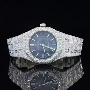 Montre automatique à quartz élégante et unique en édition limitée, cadran en diamant moissanite bleu, bracelet en acier inoxydable, verre minéral, tendance - Product Image 1