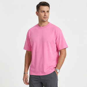 Camiseta de manga corta rosa para hombre, cuello redondo, color liso, informal, de punto, con logo frontal, transpirable, de secado rápido, lavado ácido, 100% lisa. - Product Image 4