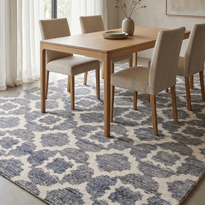 Tapis DECORDEC Indigo Rosette bleu marine ivoire en laine tuftée à la main, antidérapant, écologique, motif géométrique floral en médaillon et treillis - Product Image 3