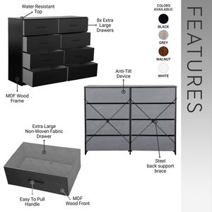 Commode à 8 tiroirs avec grands tiroirs en tissu, meuble de rangement noir - Product Image 3