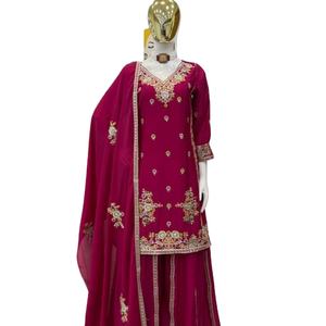 Custom Design Traditional Winter <b>Party</b> Mirror & Stone Work Knee Length Women's Kurti & Sharara Dupatta with Faux Fur Fabric - Product Image 1