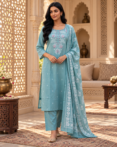 Ensemble trois pièces Kurta, pantalon et dupatta brodé bleu ciel pour femme, motif floral, tenue ethnique indienne, fabricant et fournisseur en gros - Product Image 6