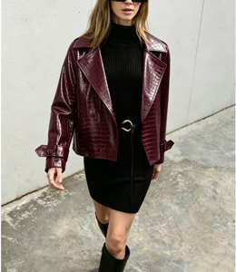 Burgundy Crocodile Embossed PU <b>Leather</b> <b>Jacket</b> With Belt Turn-down Collar Moto Style Autumn Outerwear Private Label apparel - Product Image 5
