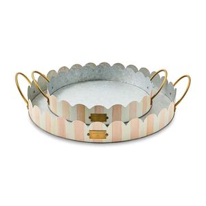 Ensemble de plateaux de service rustiques en métal galvanisé avec poignées dorées, plateau décoratif à bords festonnés rayé rose pour la décoration de table basse - Product Image 1