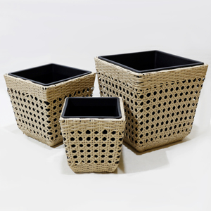 Hot Sales Minimalist Poly Rattan Woven Planter <b>Set</b> - <b>Square</b> Garden Pot with Plastic Liner - Product Image 1