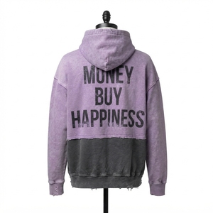 Sudadera con capucha corta para hombre, lavanda y negro, con bloques de color, lavado ácido, efecto desgastado, gráfico de mariposa y dobladillo con pedrería, estilo streetwear - Product Image 2