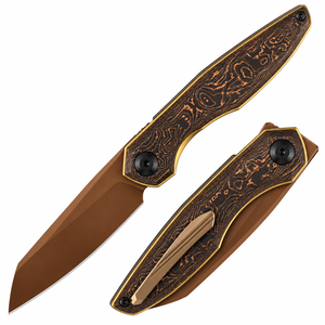 Couteaux pliants noirs et dorés avec manche à motif grain de bois, lame revêtue de bronze, clip de poche en métal, design compact pour un usage quotidien - Product Image 6