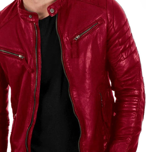 Veste de moto en cuir de mouton rouge pour homme, imperméable, col montant, fermeture éclair, coupe ajustée, style motard décontracté pour l'hiver - Product Image 3