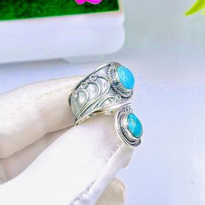 925 Sterling <b>Silver</b> Turquoise Bypass <b>Ring</b> Double Oval Gemstone Boho <b>Statement</b> Jewelry - Product Image 5