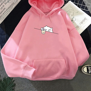 Sudadera con Capucha Casual de Bubble Tea para Hombre, Diseño de Gato Kawaii Boba, Color Sólido, Efecto Lavado - Product Image 1