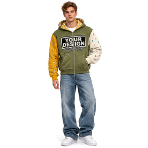Men's Custom Heavyweight Distressed Colorblock Zip Up <b>Hoodie</b> Embroidered Streetwear Cotton Casual Fashion Jacket - Product Image 3