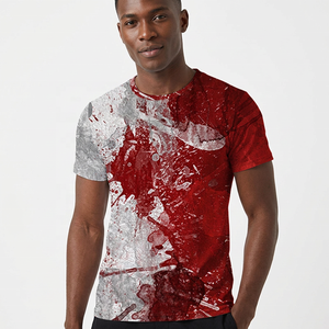 T-shirt à manches courtes col rond pour homme, motif peint à la main rouge et gris, impression par sublimation, vêtement décontracté, coupe classique, tricoté en polyester - Product Image 6