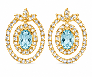 Blue Topaz CZ <b>Stud</b> - 925 Sterling <b>Silver</b> Gold Plated Handmade Gemstone Oval Gemstone Halo Earrings - Product Image 6