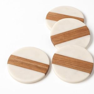 Handmade Round Marble and Wood <b>Coasters</b> Set Natural Stone <b>Drink</b> <b>Coasters</b> for Table Decor Decorative <b>Coasters</b> set of 4 - Product Image 5