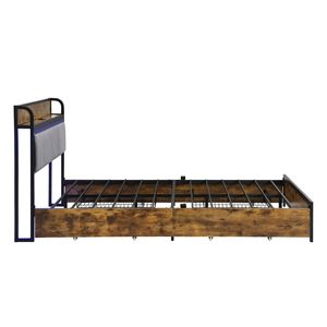 Set Camera da Letto King Size con Luci LED, Testiera con Vano Portaoggetti, Stazione di Ricarica, 4 Cassetti - Struttura Letto Marrone e Grigia - Product Image 6