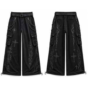Pantalon cargo gothique taille haute brodé motif croix coupe ample style automne pour homme pantalon noir à jambe large - Product Image 3