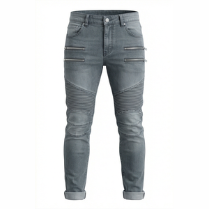 Jean slim homme style motard taille haute en denim délavé avec fermetures éclair – Collection automne en coton - Product Image 1