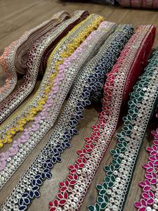 Multicolor Floral Petal Scallop <b>Net</b> Lace Border Silver Zari & Sequin Embroidered Trim for Saree Dupatta Garments - Product Image 2