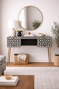 Modern Bone Inlay <b>Console</b> <b>Table</b> With Geometric Pattern And Premium Wooden Base For Elegant Interiors - Product Image 3