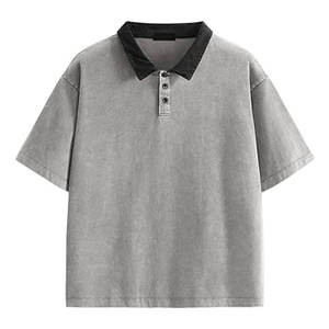 Polo vintage oversize pour homme en coton délavé, coupe épaules tombantes, style streetwear tendance, confortable, ample et décontracté, doux - Product Image 1