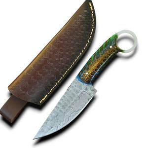 Couteau tactique de chasse et de camping à lame fixe en acier Damas Rain Drop, avec trou pour le pouce, manche en résine de pin, idéal pour l'EDC - Product Image 1