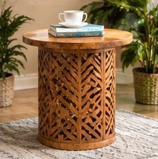 Mesa Auxiliar Redonda de Madera de Mango Rústica Sólida con Diseño Floral Tallado para Sala de Estar, Regalo de Inauguración de Casa - Product Image 1