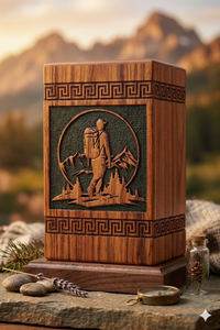 Custom Wooden Memorial Urn Engraved Cremation <b>Keepsake</b> <b>Box</b> Nature Hiking Design for Remembrance Gift - Product Image 1