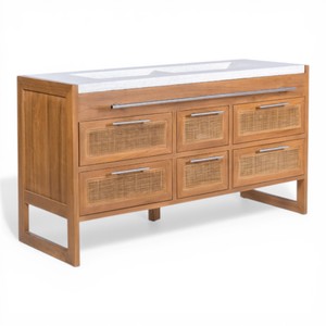 Meuble de salle de bain en teck massif artisanal écologique indonésien avec tiroirs en rotin, plan de travail en pierre artificielle et double vasque - Product Image 1