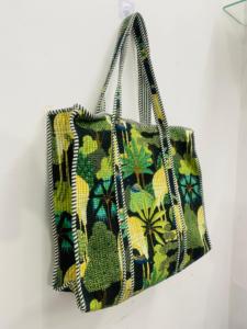 Black Green Botanical Quilted Cotton <b>Boho</b> Tote <b>Bag</b> with Drawstring Closure Large Size for Women's Travel & Market Use - Product Image 2