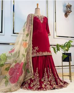 Maroon Embroidered Silk Salwar Kameez Set Floor-Length Traditional Women's Wedding <b>Dress</b> with Gold Threadwork India Pakistan - Product Image 2