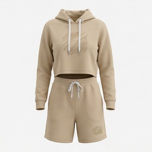 <b>Women's</b> 2 Piece Hooded Sweatshirt <b>Set</b> Solid Color Above Knee Shorts Casual Spring Summer Knitted Cotton Outfit - Product Image 1