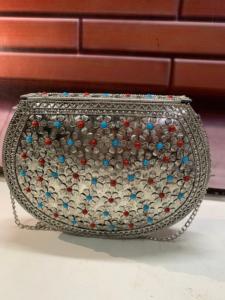 Women's Bohemian Metal Half Moon Handbag With Flower Embellishments Chain Strap Wedding Party <b>Clutch</b> Flap Closure - Product Image 2