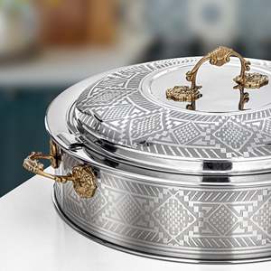 Arabic Engraved Enamel Coated Stainless Steel Insulated Casserole Hotpot Serving Dish Gold Handles 33cm Diameter Dishwasher Safe - Product Image 5