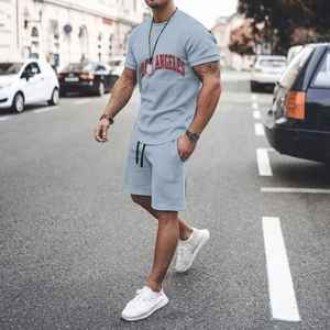 Ensemble T-shirt et short tissé bleu clair Los Angeles pour homme – Tenue décontractée d'été en coton tricoté respirant – Vêtement deux pièces - Product Image 2