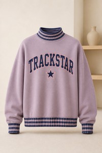 Lilac Women's Mock Neck Sweatshirt Navy Lilac Mixed Rib Trim Navy Varsity Letter Pink Outline <b>Star</b> Trackstar Custom OEM Pullover - Product Image 1