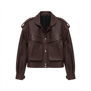 Veste élégante pour femmes en cuir grainé imperméable et respirant, avec épaulettes, boutons sur le devant, poche, manches amovibles, style motard, en peau de mouton - Product Image 3