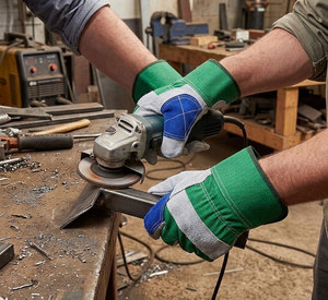 Guantes de trabajo de cuero vacuno premium con parche verde y puño de seguridad de tela de algodón perforada para jardinería - Product Image 5