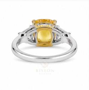 Luxurious three stone ring in 18K white gold with fancy yellow cushion diamond trillion side diamonds sleek minimal couture desi - Product Image 5