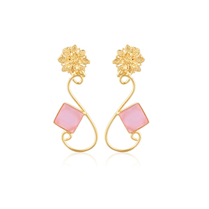Elegant <b>Pink</b> Cat's Eye Gemstone Earrings Gold Plated Designer Brass Fashion Jewelry for Women - Product Image 1