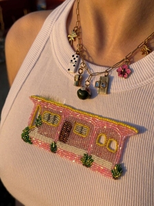 Camiseta de algodón con bordado de cuentas de papaya, manga corta, para mujer, estilo casual de verano, top corto, prenda exterior hecha a mano. - Product Image 3
