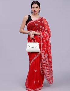 KV Hand Embroidered Lucknowi Chikankari <b>Red</b> Georgette Saree With Unstitched <b>Blouse</b> - Product Image 2