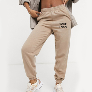 <b>Women's</b> <b>Beige</b> High Waist <b>Jogger</b> Sweatpants Loose Fit Full Length Elastic Cuff Side Pockets Solid Color Right Leg Custom Logo - Product Image 3