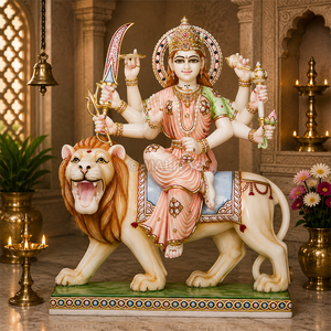 Mata Durga Seated on Lion with Sword and Lotus | White Marble Divine Sculpture with Ornate Halo by MALIYAS Jaipur - Product Image 3
